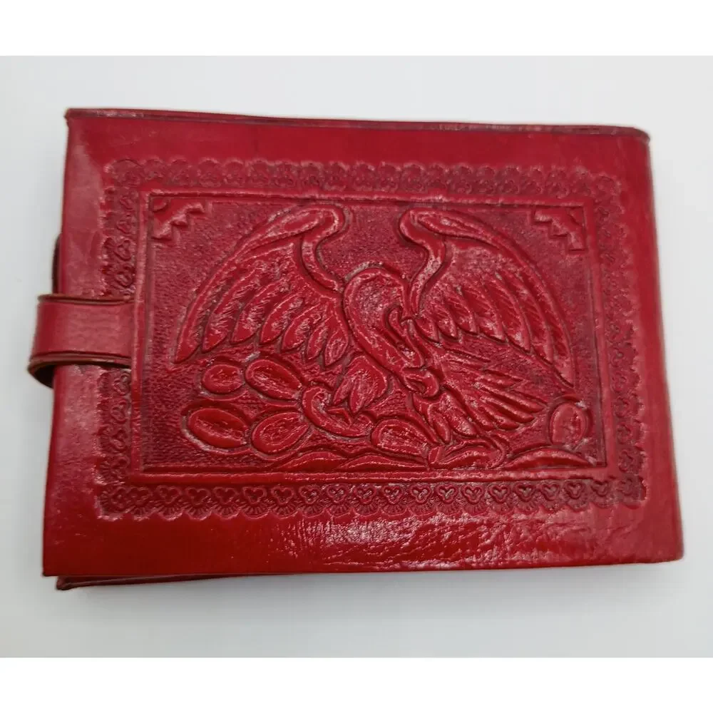 Vintage Red Hand Tooled Leather Wallet Aztec Calendar